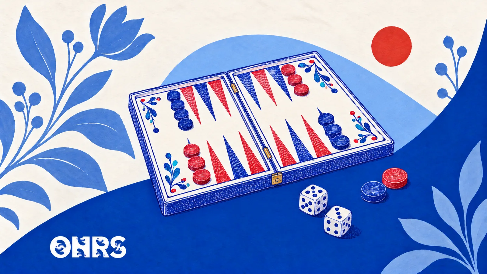 Pen-drawn backgammon board, counters and dice with blue floral motifs and the ONRS logo.