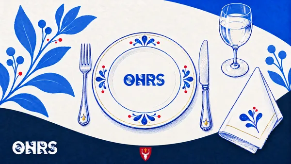Blue pen illustration of a formal place setting, with ONRS on the plate, a floral napkin and a small Hertford College shield below.