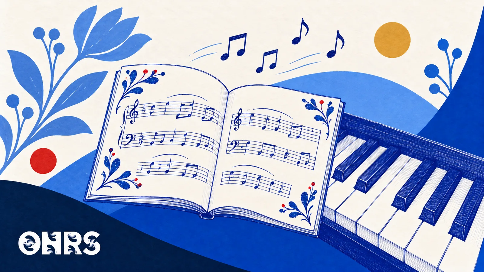 Blue pen illustration of an open music score and piano keys with floral motifs and the ONRS logo.