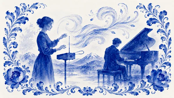 Blue illustration of a theremin and piano for the Wind from the East concert.