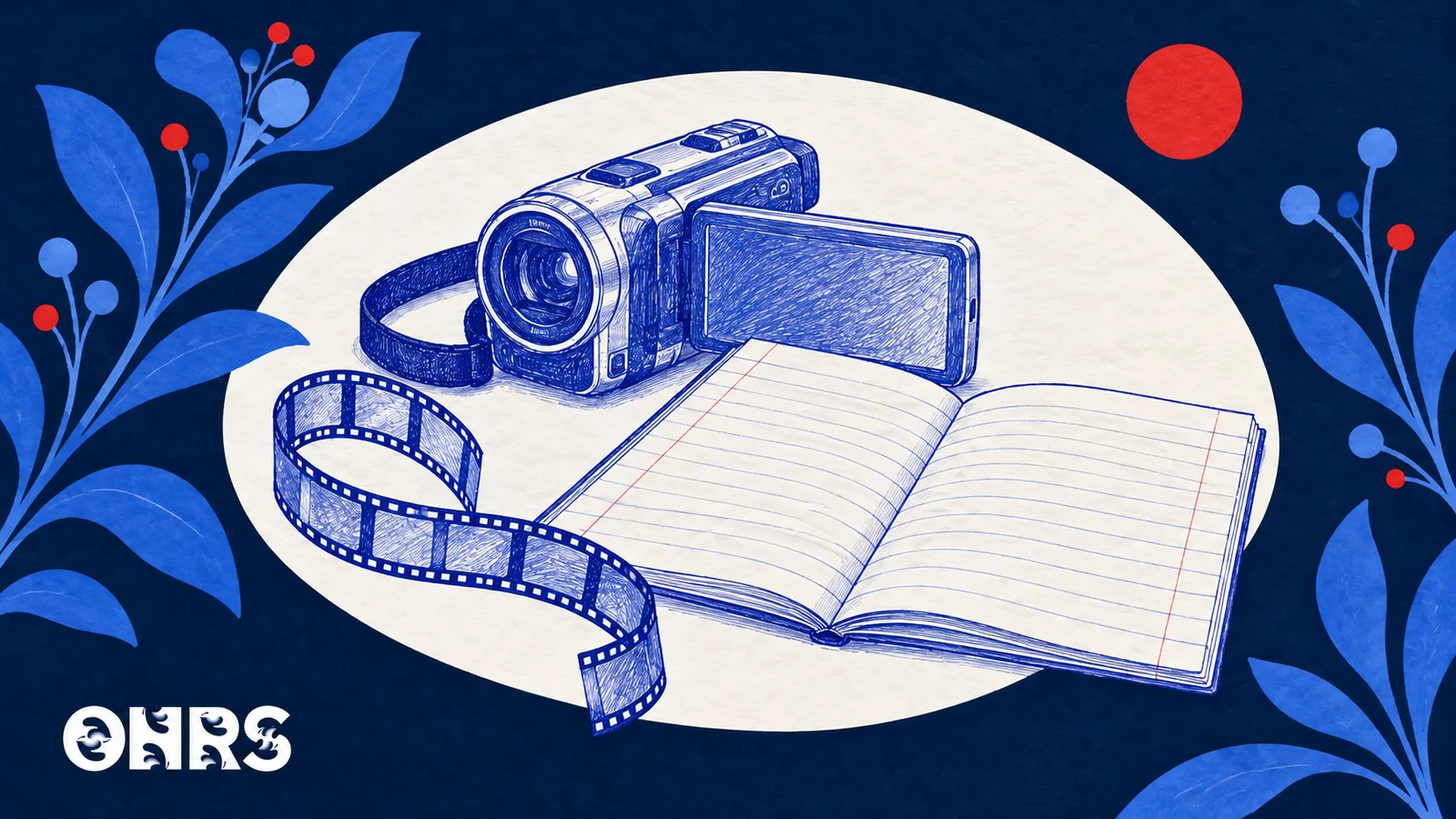 Blue pen illustration of a video camera, film strip and school notebook on paper and dark navy, with the ONRS logo.