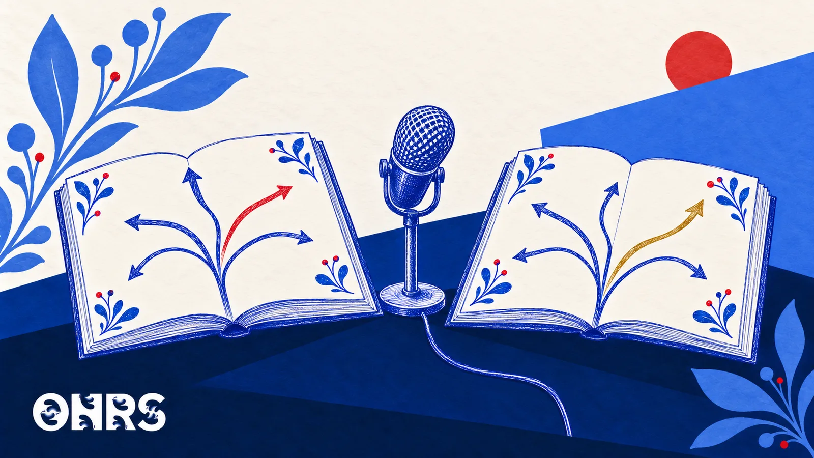 Blue pen illustration of two open books with branching paths and a discussion microphone, with the ONRS logo.
