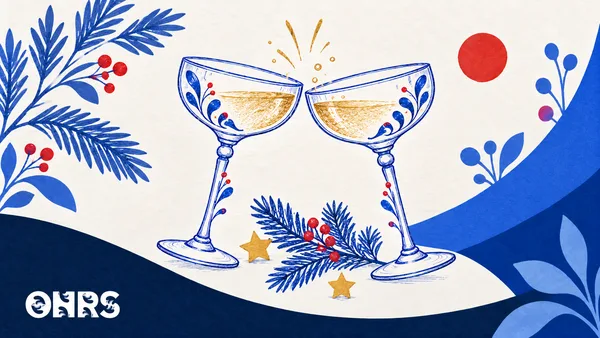 Pen-drawn coupe glasses, evergreen branches, red berries and gold stars, with the ONRS logo.
