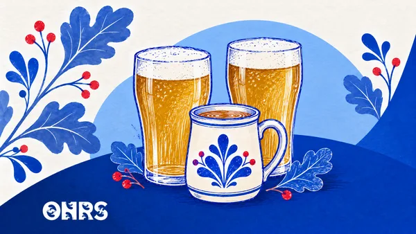 Pen-drawn pub glasses and a floral ceramic mug with oak leaves and the ONRS logo.