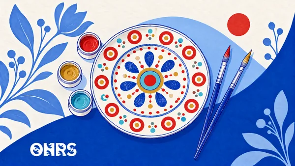 Hand-drawn decorated pottery plate, paint pots and brushes with colourful folk-art circles and the ONRS logo.