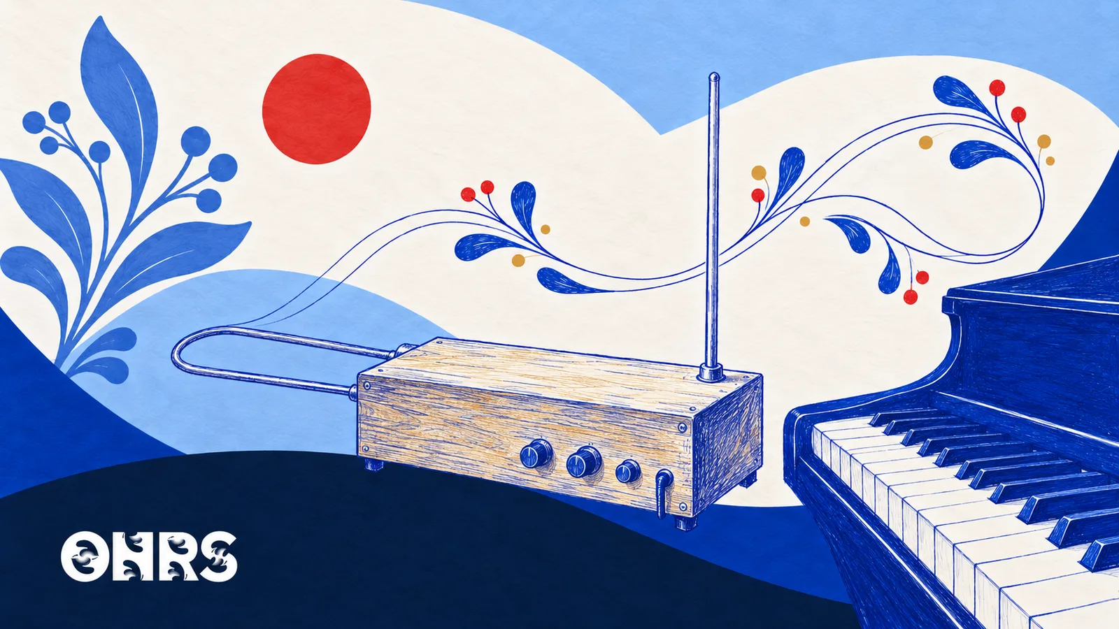 Blue pen illustration of a theremin and piano keys with flowing botanical sound motifs and the ONRS logo.
