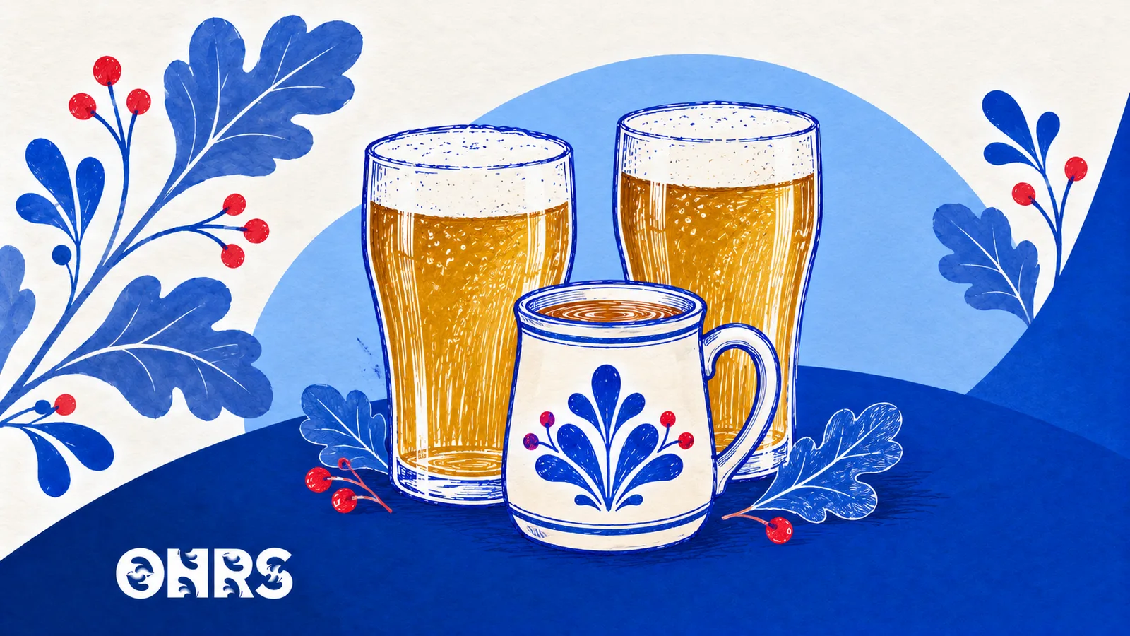Pen-drawn pub glasses and a floral ceramic mug with oak leaves and the ONRS logo.