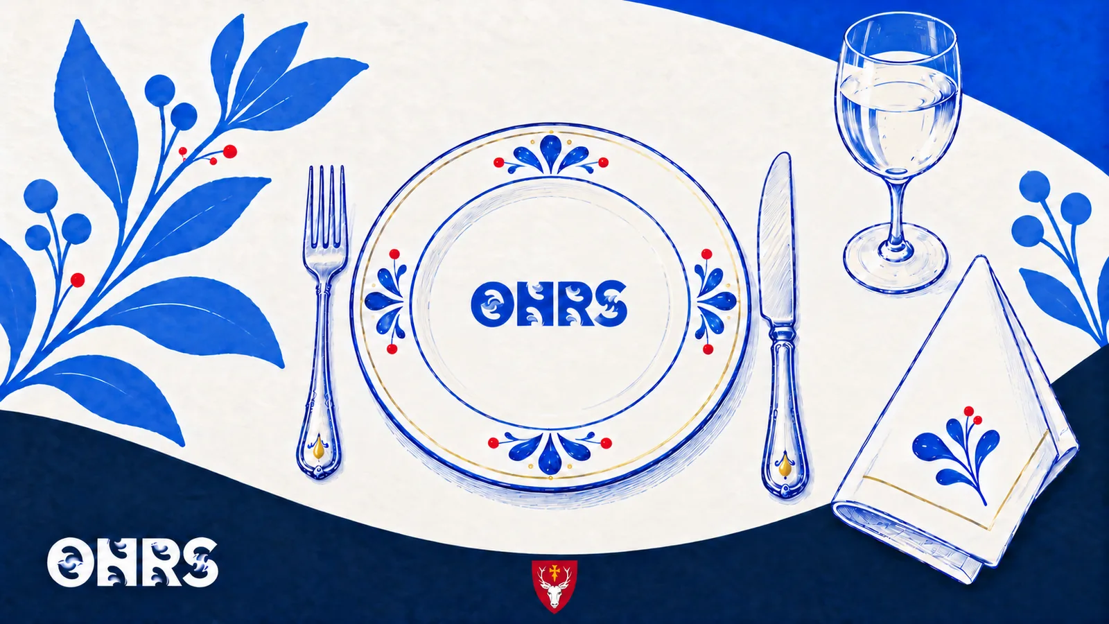 Blue pen illustration of a formal place setting, with ONRS on the plate, a floral napkin and a small Hertford College shield below.