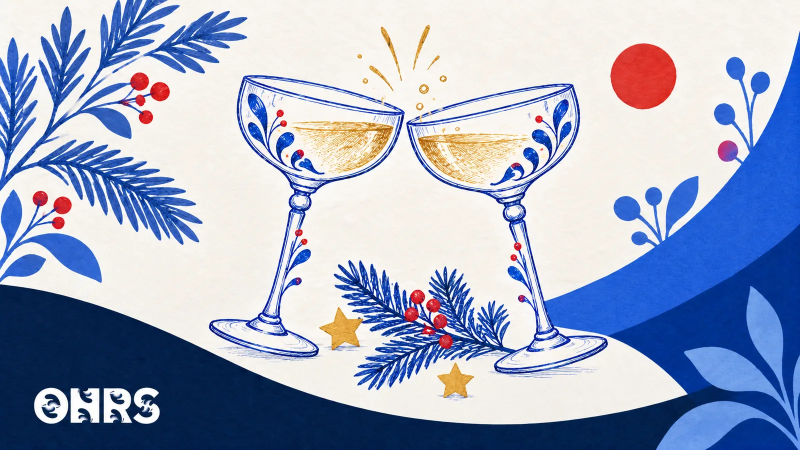 Pen-drawn coupe glasses, evergreen branches, red berries and gold stars, with the ONRS logo.