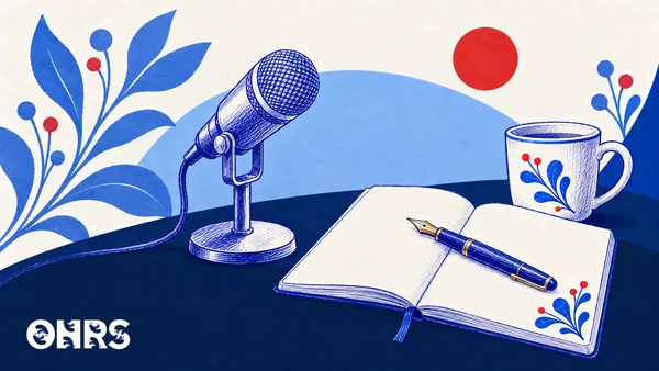Blue pen illustration of a microphone, notebook, fountain pen and floral mug with the ONRS logo.