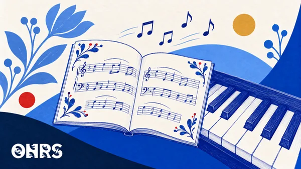 Blue pen illustration of an open music score and piano keys with floral motifs and the ONRS logo.